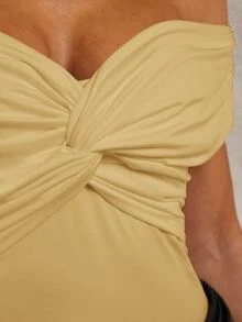 COSMINA 女款時尚露肩鈕扣抓皺連身衣，夏季婚禮約會之夜外出穿搭，白色優雅性感 - 黃色 - 查看 7