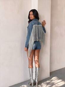 Glamine SHEIN Glamour Fringe Trim Crop Denim Jacket - Blue - View 3
