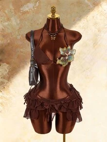 Amplova Women's 3 Pieces Swimwear Set With 3D Floral Butterfly Orchid Bra Cups, Solid Color Lining, Ruffle Hem Cover-Up And Front Center Knot - Brown - View 1