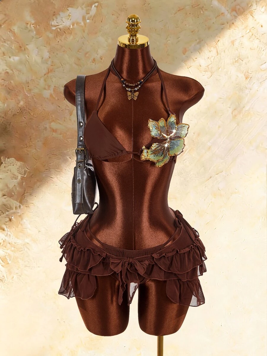 Amplova Women's 3 Pieces Swimwear Set With 3D Floral Butterfly Orchid Bra Cups, Solid Color Lining, Ruffle Hem Cover-Up And Front Center Knot - Brown - View 1