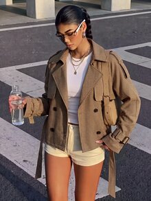 SHEIN 青少年女孩休閒日常極簡格紋領夾克外套，秋冬款 - 棕色 - 查看 8
