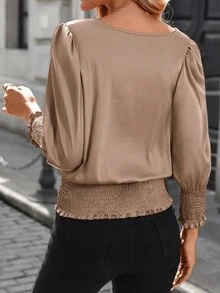SHEIN LUNE 女款休閒優雅果醬酒紅色套頭上衣 秋季新年派對辦公室教師節穿搭 - 駝色 - 查看 7