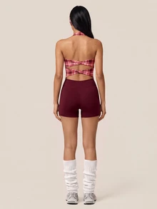 SHEIN BAE Women's Colorblock Casual Daily Halter Neck Sports Romper - Burgundy - View 5