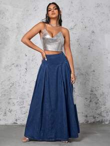 Selenza High Waist Fold Pleated Denim Skirt - Dark Wash - View 2