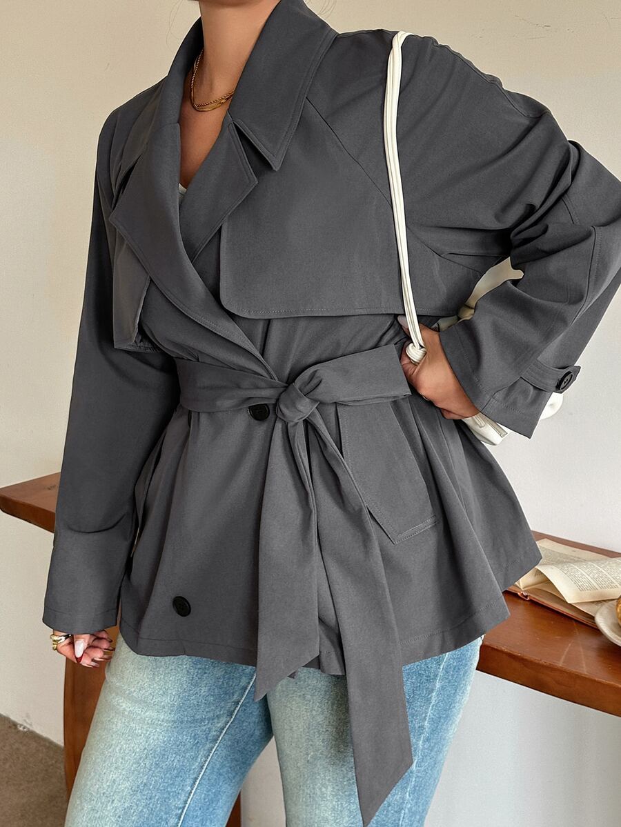 Dazy Plus Plus Size Women's Casual Tie-Front Solid Color Trench Coat Jacket - Dark Grey - View 1