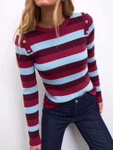 Nöista Women's Striped Crew Neck Button Design Casual Sweater - Baby Blue - View 2