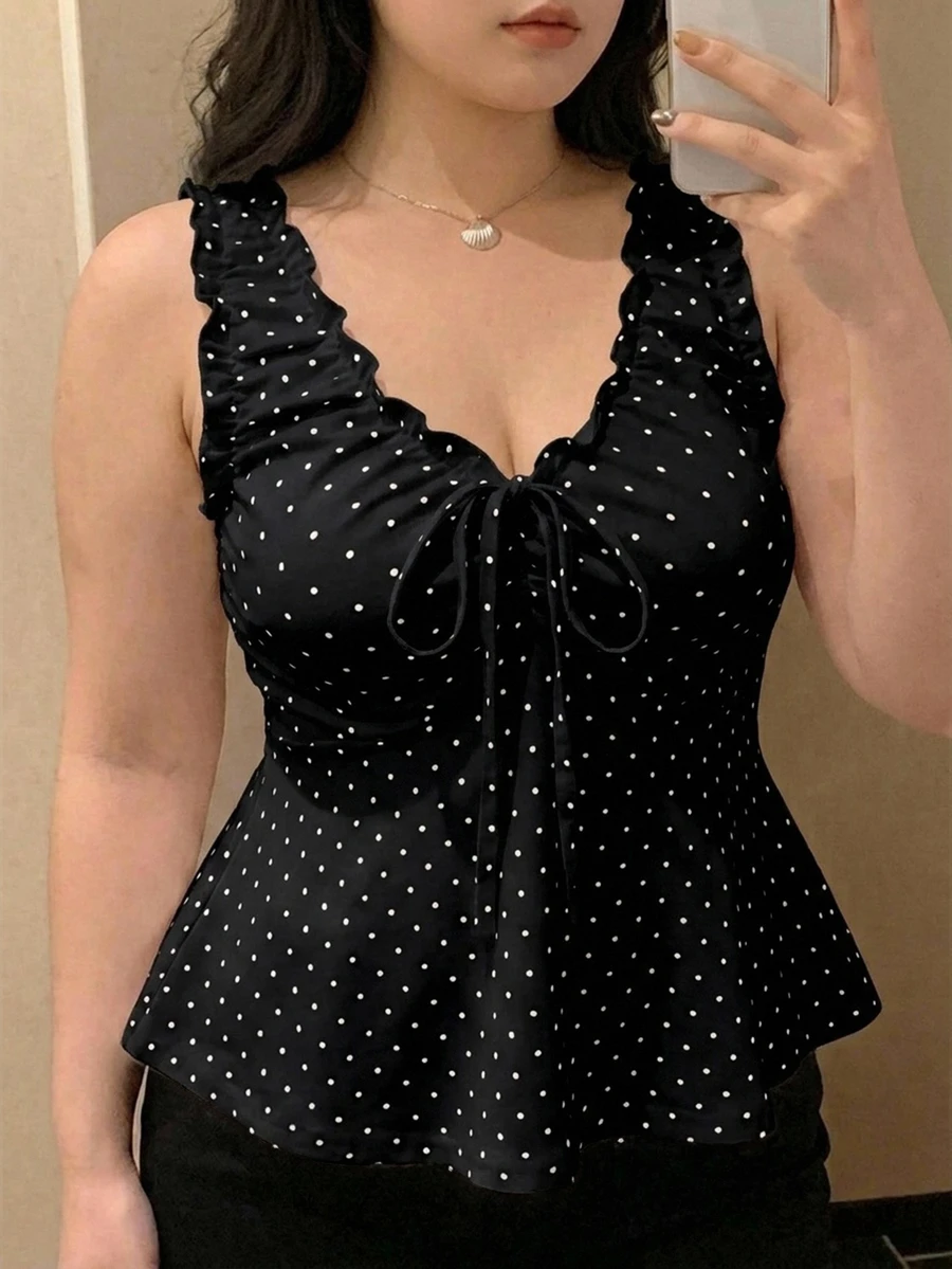 Dazy Plus Tank Top Kasual Tanpa Lengan Berkerah V Berlipit Motif Polkadot untuk Wanita Ukuran Plus, Kaos Grafis Musim Semi/Panas - Hitam - View 1