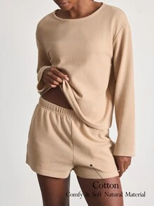 Ocili Minimalist Comfortable Casual Easy-To-Care-For Long Sleeve Shorts Pajama Set Soft Women's Loungewear Set - Khaki - View 1