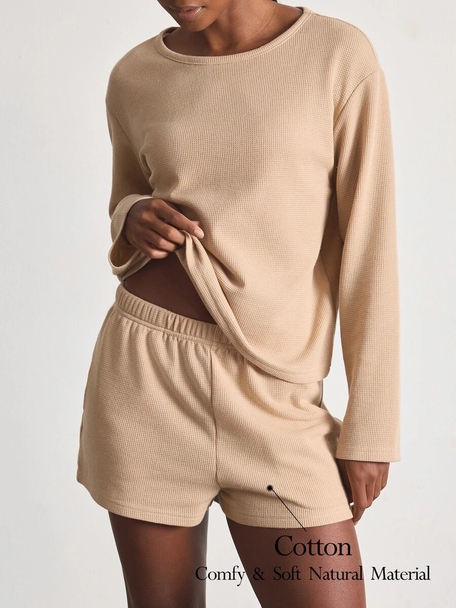 Ocili Minimalist Comfortable Casual Easy-To-Care-For Long Sleeve Shorts Pajama Set Soft Women's Loungewear Set - Khaki - View 1