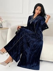 Al Najma Women's Elegant Embroidered Long Sleeve Arabian Dress - Blue - View 3