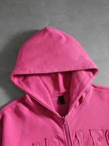 ROMWE MEN Street Life 男士閃亮鑽石貼花刺繡水洗運動衫，寬鬆短版剪裁 - 玫紅色 - 查看 5