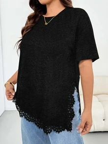 Shapeblank Plus Size Women's Spring/Summer Fashion Casual Loose Elastic Comfortable Daily Basic Versatile Slimming Lace Trim Asymmetrical Hem - Dark Grey - View 2