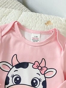 SHEIN Playful Pals 3件組隨機發貨 1件 春夏秋冬新生兒嬰兒連身衣，可愛奶牛印花，甜美粉色女嬰長袖包腳連身衣居家穿著 - 粉色 - 查看 6