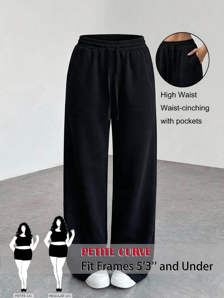 SHEIN PETITE CURVE Quần dài casual size lớn màu trơn phong cách tối giản, cạp rút dây, có túi, cho mùa thu - màu đen - Xem 1