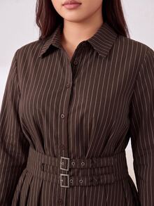 Solflare Đầm size lớn phong cách vintage phối màu khối sọc, khóa kim loại - màu nâu - Xem 5