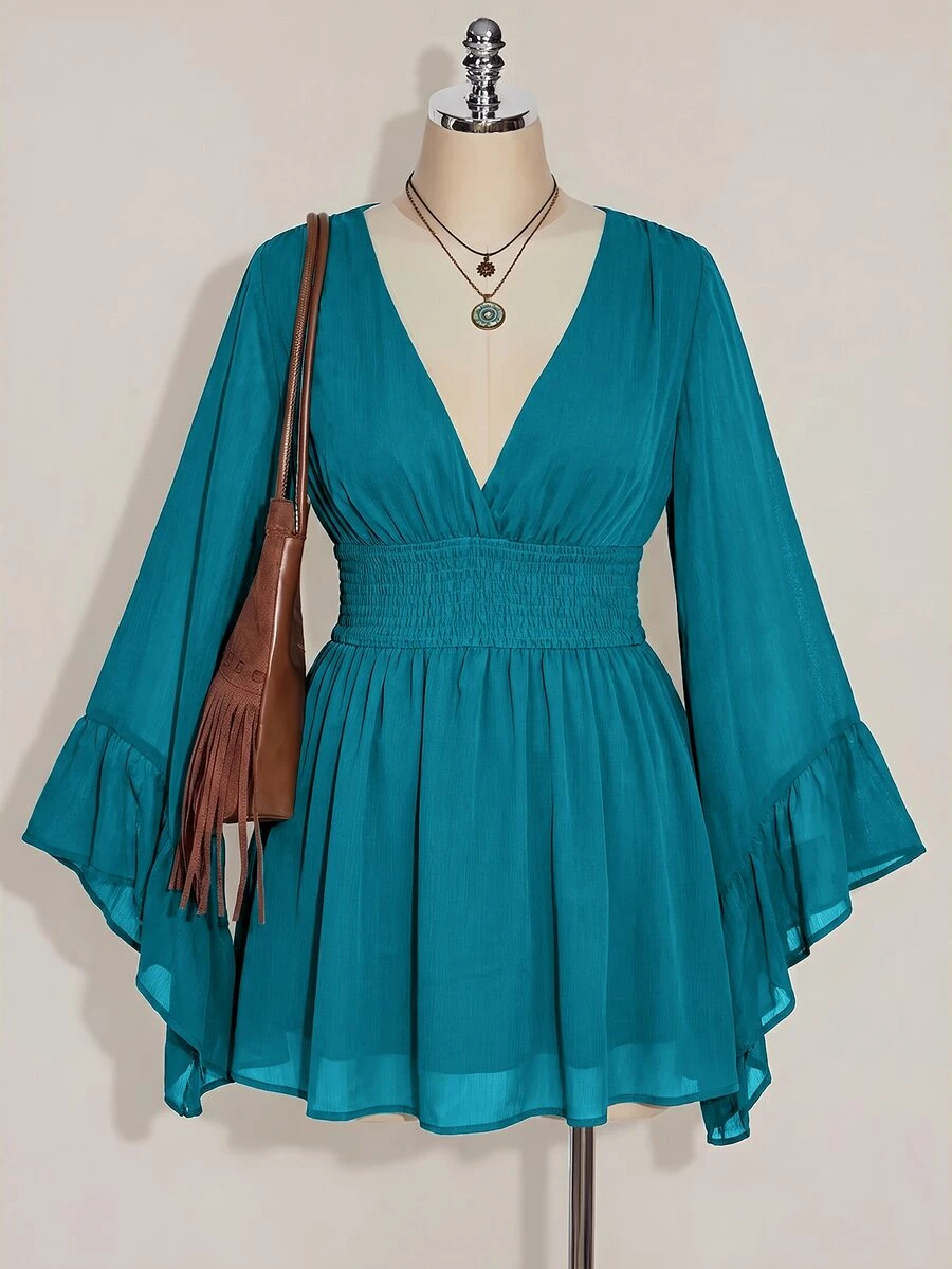 SHEIN ICON 大尺碼V領抓皺腰A字洋裝,喇叭袖,巧克力棕色,秋季,波希米亞風,度假,嬉皮,Y2K風格,遊牧氛圍,音樂節,女款 - 水鴨藍 - 查看 1