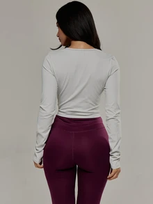 Musera Sport Contrast Colour Strap Scoop Neckline Fitted Long Sleeve Active Coord Top Cute Girly Autumn Winter Fall Gym Holiday Dainty Ice - Grey - View 4