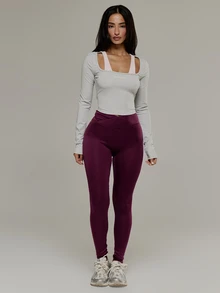 Musera Sport Contrast Colour Strap Scoop Neckline Fitted Long Sleeve Active Coord Top Cute Girly Autumn Winter Fall Gym Holiday Dainty Ice - Grey - View 2