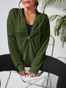 Eassivo Eassivo Drop Shoulder Zip Up Hooded Sports Jacket - Army Green - View 4