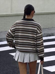 Muchica 女款 Polo 領長袖寬鬆條紋衛衣，學院風返校季，休閒極簡日常百搭派對聚會機場穿搭 Y2K 上衣，女款秋季服飾，秋季穿搭，女款通勤穿搭，百搭上衣，外出穿搭，機場穿搭 - 彩色 - 查看 2