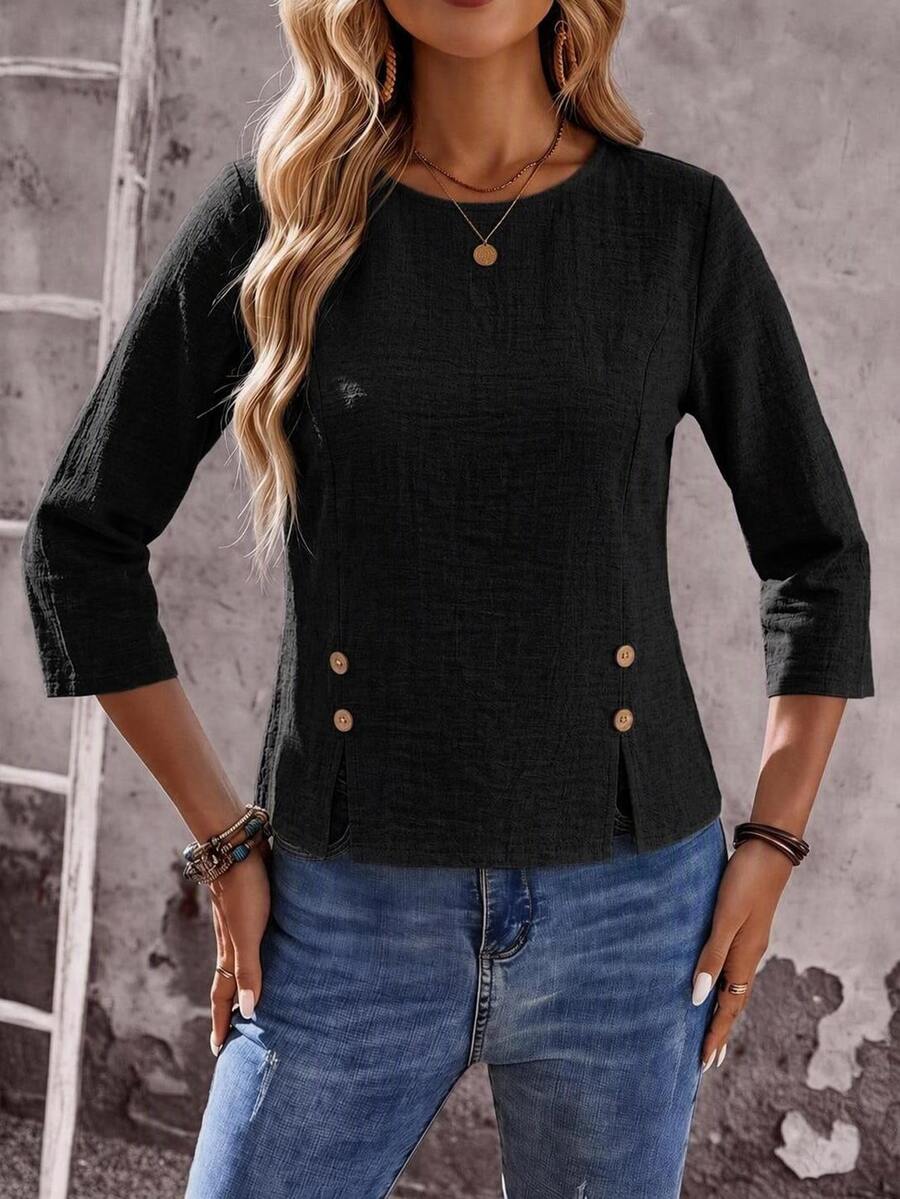 EMERY ROSE Women's Solid Color Round Neck 3/4 Sleeve Button Design Casual Shirt - Black - View 1