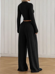 SHEIN EZwear 黑色針織女款圓領長袖T恤與長褲套裝，居家旅行秋季休閒 - 黑色 - 查看 2