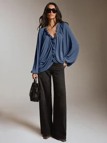 COSMINA 女款V領荷葉邊裝飾百褶設計寬鬆上衣，舒適面料時尚設計，卡其綠秋季休閒早午餐上衣 - 藍色 - 查看 5