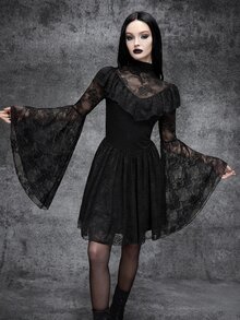 Cryptelle Women's High Elastic Ruffle Trim Lace Mesh Bell Sleeve Short Mini Dress Autumn/Winter Black Gothic Style Halloween Outfit Costume Party Night - Black - View 5