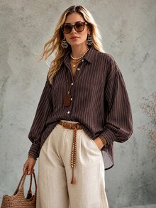 Ceyna Plus Striped Print Drop Shoulder Oversize Lantern Sleeve Shirt - Coffee Brown - View 3