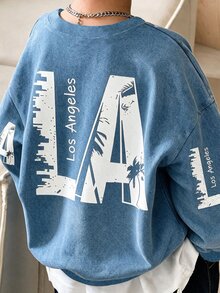 秋冬男童水洗丹寧印花藍色圓領衛衣，LA City 棕櫚樹圖案與 2 合 1 下擺設計，酷炫復古美式街頭風 - 彩色 - 查看 5