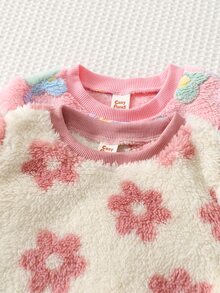 Cozy Pixies 女嬰 4件組可愛舒適百搭花卉圖案毛絨布料長袖上衣與長褲家居服套裝 - 彩色 - 查看 4