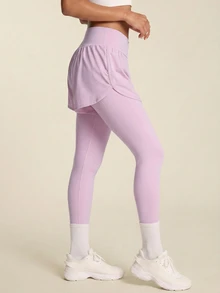 SHEIN BAE Women's Solid Color Pleated Casual Daily Travel Sports Tight Leggings - Baby Pink - View 1