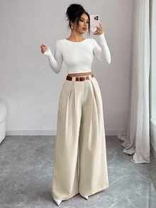 Elenzga 女款休閒日常通勤極簡純色百褶寬鬆寬腿褲，不含腰帶 - 杏色 - 查看 8