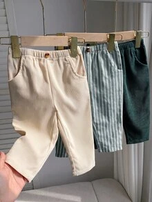 SHEIN 男女嬰兒/幼兒 3件組秋冬休閒百搭燈芯絨與條紋長褲多件組，嬰兒冬季下身褲，上學褲 - 彩色 - 查看 6
