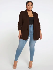 SHEIN Tall CURVE 大尺碼女款黑色夏季休閒修身商務度假風優雅曲線正式披肩領西裝外套辦公工作上衣 - 咖啡棕 - 查看 4