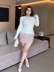 Dazy Plus Elegant Round Neck Solid Color Long Sleeve Sweater - White - View 4