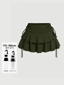SHEIN Tall 抽繩腰蛋糕裙，適合高個女性，秋季日常派對酒吧穿著，黑色性感可愛 - 軍綠色 - 查看 9