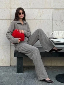 DAZY Women's Solid Color Zip-Up Hoodie And Pants Pajama Set - Grey - View 5