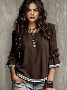 Glimmora Women's Summer Autumn New Contrast Color French Casual Loose Ruffle 3/4 Flare Sleeve Plus Size Blouse Fall - Brown - View 1