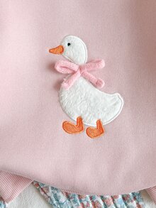 SHEIN Vintaside Kids 可愛鴨子刺繡圓領長袖衛衣與碎花長褲套裝，適合女嬰，完美適用於日常外出、公園散步、家庭旅行、早教中心課程、週末家庭聚會及幼兒園日常穿著 - 粉色 - 查看 9