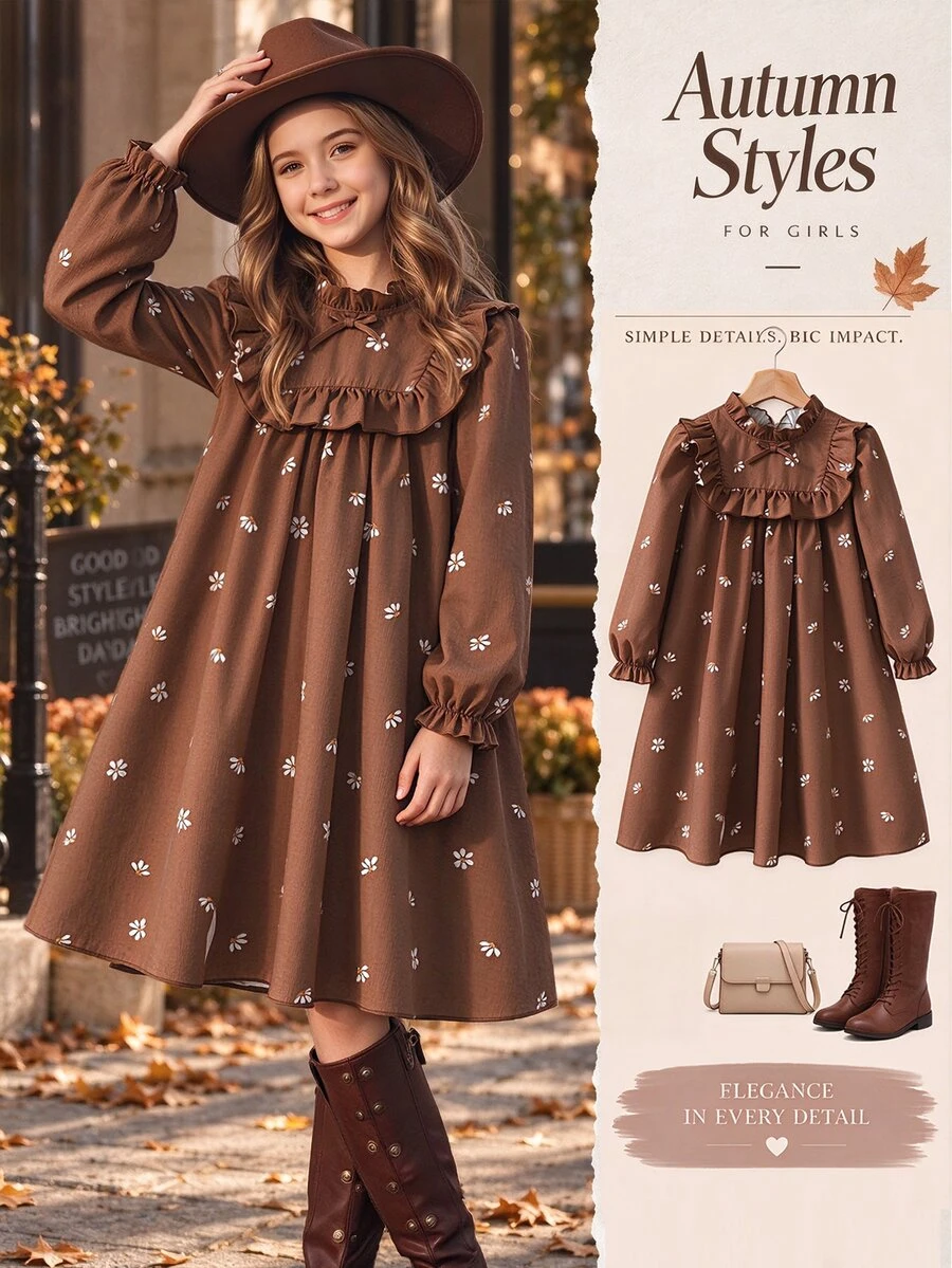 SHEIN **Girls** Long‑Sleeve Floral Print Dress Ruffle Neck Bow Detail Loose Autumn Tween Girl Daily Dress - Multicolor - View 1