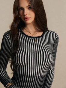 Poéselle Women's Striped Crew Neck Long Sleeve Casual Knit Dress - Black and White - View 4