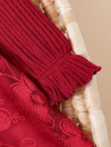 SHEIN 女嬰針織素色圓領拼接梭織網紗刺繡下擺休閒洋裝 - 紅色 - 查看 8