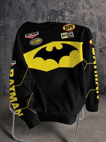 BATMAN X SHEIN 男士字母印花圓領長袖休閒運動衫 - 白色 - 查看 1