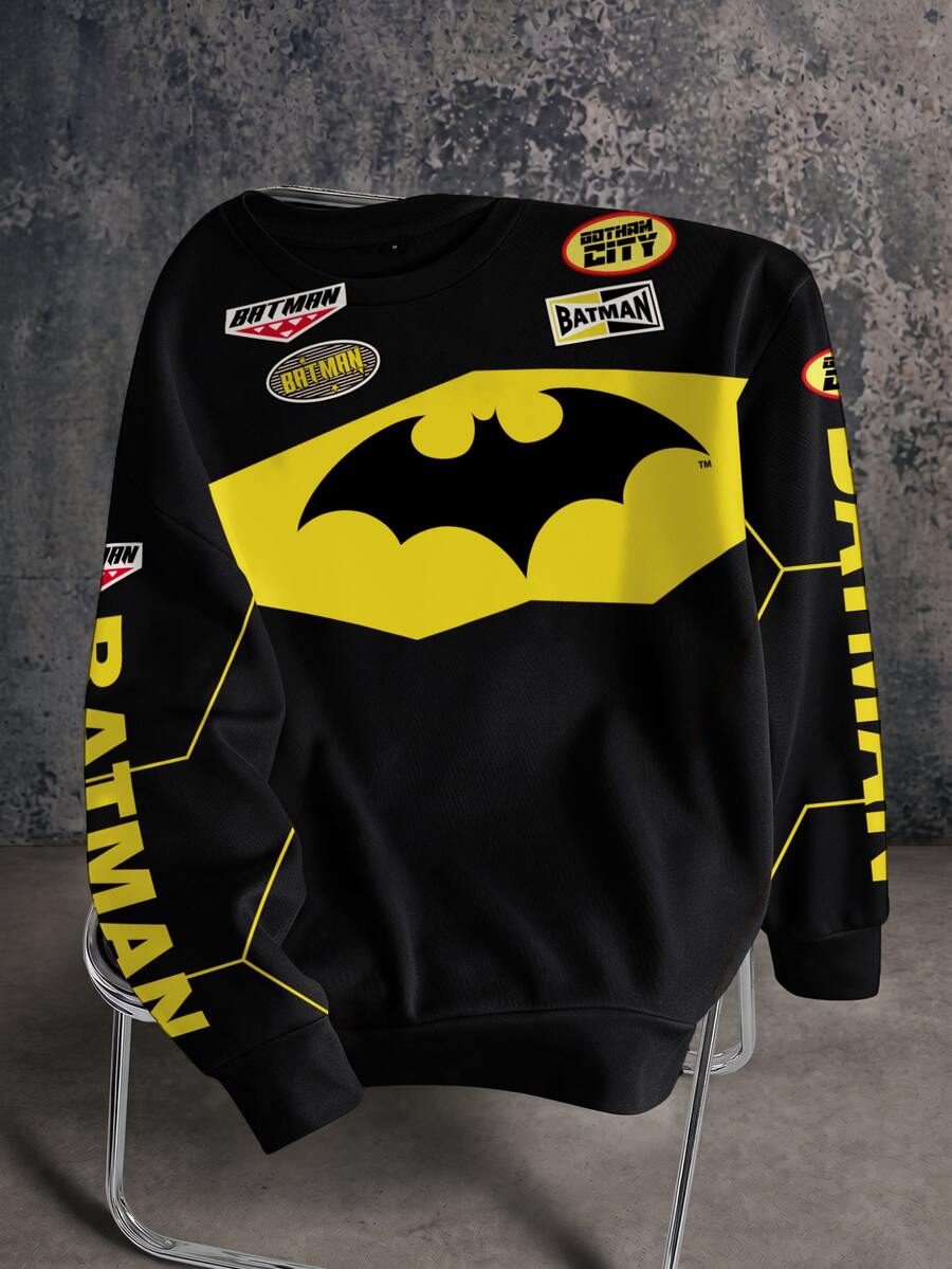 BATMAN X SHEIN 男士字母印花圓領長袖休閒運動衫 - 白色 - 查看 1