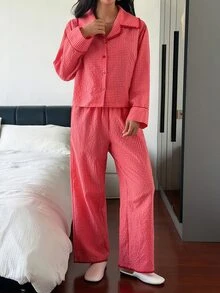 DAZY Women's Plaid Long Sleeve Single-Breasted Top And Pants Pajama Set - Pink - View 7