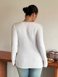 Livesso Contrast Lace V-Neck Simple Fitted Long Sleeve T-Shirt - Beige - View 2