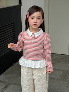 DAZY Infant/Toddler (Girl) Collared Striped Long Sleeve Spring/Autumn Mesh-Texture Korean Style Casual Top - Baby Pink - View 5