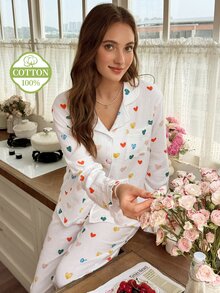 Snug Reverie 100% Cotton Sweet Heart Print Long Sleeve Women's Pajama Set, Spring/Autumn Fresh Style - White - View 3
