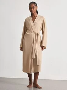 Ocili Women's Simple Daily Tie-Front Comfortable Long Sleeve Loungewear Robe Housecoat - Khaki - View 5